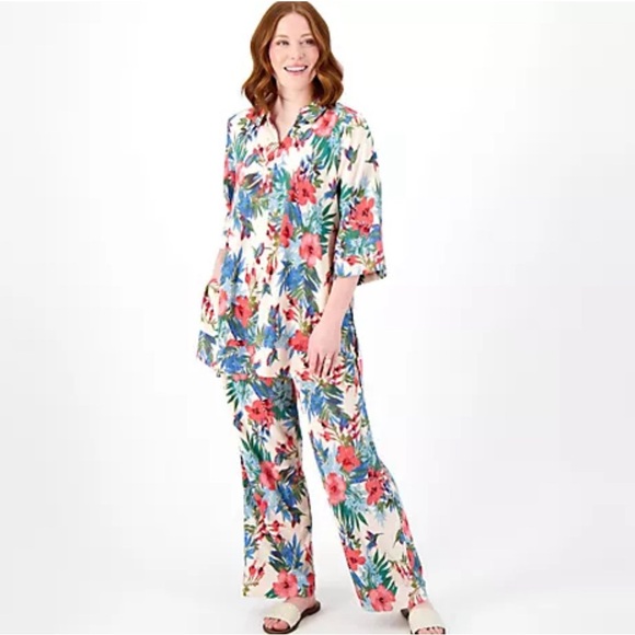 Cuddl Duds Crepe Knit Caftan Tunic Coastal Coral Floral Pink Size 1X - Picture 3 of 13